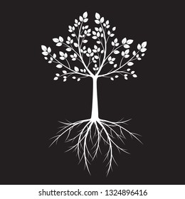 White Tree with leaves on black background. Vector Illustration.