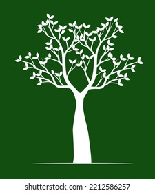 White Tree with Leaves on green background. Vector outline Illustration. Plant in Garden.