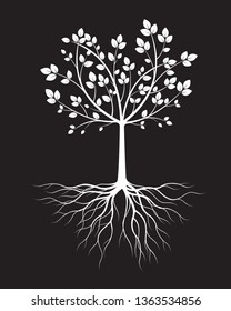 White Tree with leaves and Roots on black background. Vector Illustration.