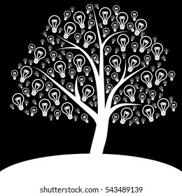 White tree of light bulb icon on black background