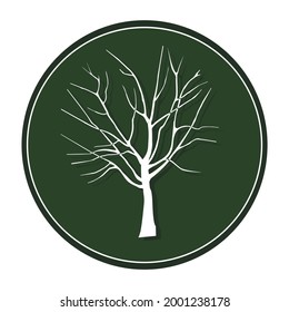 Logo de un árbol blanco sobre un fondo verde oscuro. Ilustración de un símbolo de planta leñosa en un círculo. Para temas naturales. Dibujo de charla en la pizarra