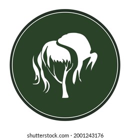 Logo de un árbol blanco sobre un fondo verde oscuro. Ilustración de un símbolo de planta leñosa en un círculo. Llama a dibujar en una pizarra. Forma de corona estilizada para el peinado de una mujer. Plantas de corte y puesta