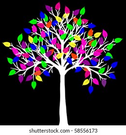 White tree with neon colored leaves
