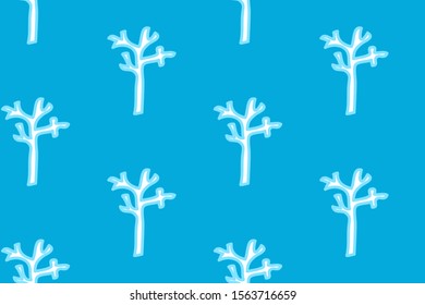 White tree on blue background. Winter seamless pattern. Vector illustration.