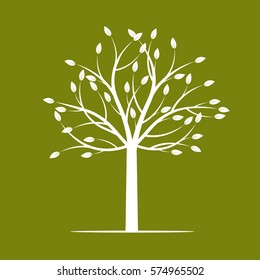 White Tree on Green Background. Vector Illustration.