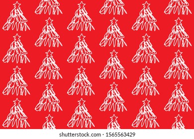 White tree on red background. Christmas seamless pattern.