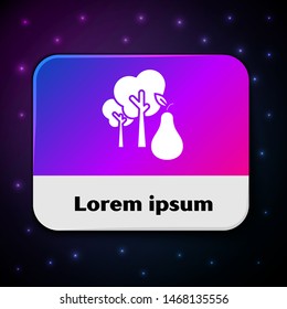 White Tree with pears icon isolated on black background. Agricultural plant. Organic farm product. Gardening theme. Rectangle color button. Vector Illustration
