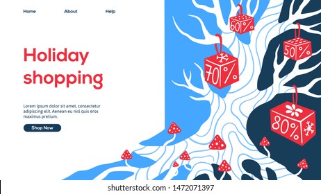 White tree with red gifts. Web page design template for holiday shopping. Modern vector illustration concepts for website and mobile website development. Eps10 vector.