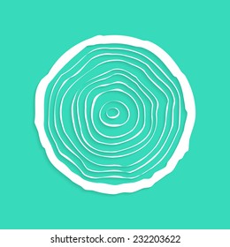 white tree rings with shadow. concept of saw cut tree trunk, figure from paper, forestry and sawmill. isolated on green background. logo design trendy modern vector illustration