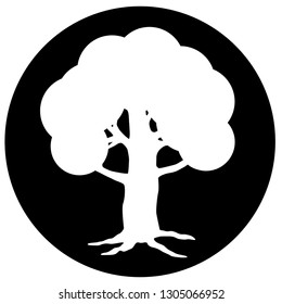 white tree silhouette in black circle
