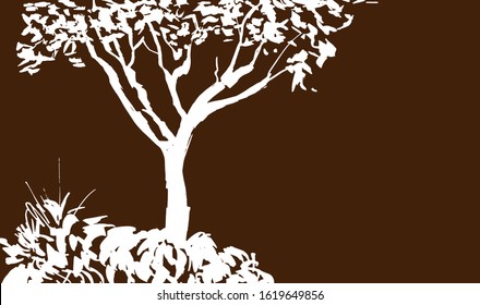 White Tree silhouette isolated on brown background. Sumi-e, u-sin, gohua painting style. Stylized Inked drawing. Hand drawn vector illustration. 
