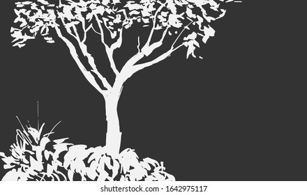 White  tree silhouette isolated on gray background. Sumi-e, guohua painting style. Stylized Inked drawing. Hand drawn vector illustration. 