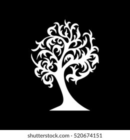 White tree silhouette on black background. Decorative element 