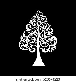 White tree silhouette on black background. Decorative element 