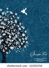 white tree silhouette on blue damask background