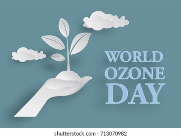 White tree in two hand in Paper Cutting Style  for World Ozone Day Concept