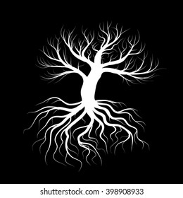 White tree vector silhouette on black background. Big tree with deep roots. Vector illustration, clip art, symbol of nature. Eps 8.