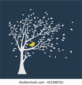 White tree with yellow bird. Falling leaves.
