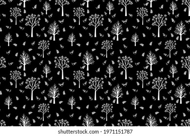white trees and bushes on a black background vector seamless pattern