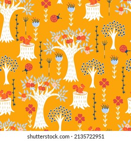 White Trees and Flora Forest on Yellow Background Vector Seamless Contemporary Pattern