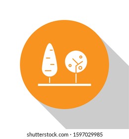 White Trees icon isolated on white background. Forest symbol. Orange circle button. Vector Illustration