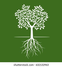 White Trees with roots on green background. Vector Illustration.