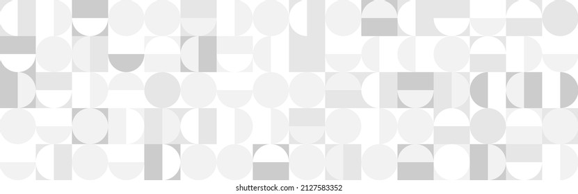 White trendy background of circles and squares in modern style, flat vector seamless illustration. Cover of gray geometric shapes in retro texture for web design or postcard.