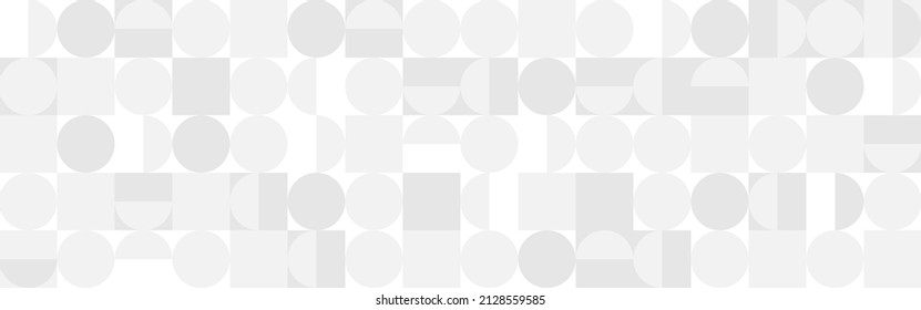 White trendy background of circles and squares in modern style, flat vector seamless illustration. Cover of gray geometric shapes in retro texture for web design or postcard.