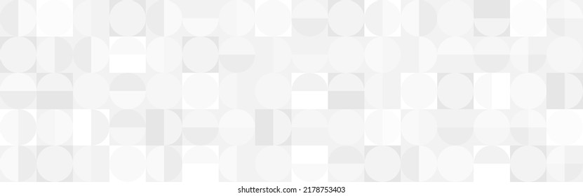 White trendy background of circles and squares in modern style, flat vector illustration. Cover of gray geometric shapes in retro texture for web design or postcard.