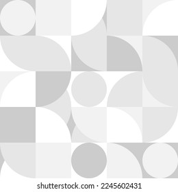 White trendy background of circles and squares in modern style, flat vector illustration. Cover of gray geometric shapes in retro texture for web design or postcard.