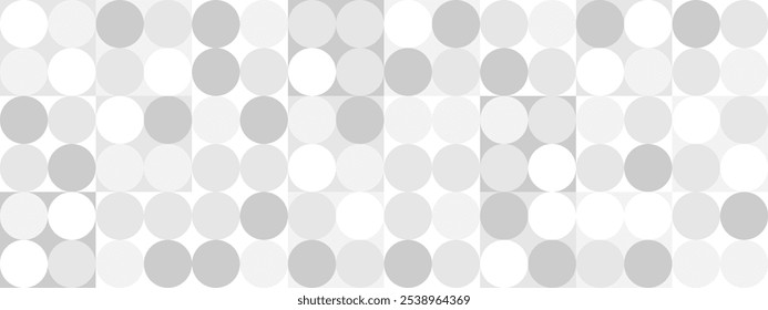 White trendy seamless background of circles and squares in modern style, flat vector illustration. Cover of gray geometric shapes in retro texture for web design or postcard.