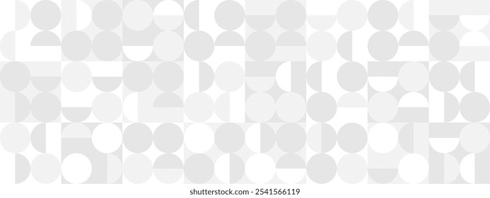 White trendy seamless background of circles and squares in modern style, flat vector illustration. Cover of gray geometric shapes in retro texture for web design or postcard.