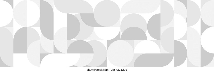 White trendy seamless background of circles and squares in modern Scandinavian style. Cover of gray geometric shapes in retro texture for wallpaper or packaging.