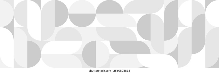 White trendy seamless background of circles and squares in modern Scandinavian style. Cover of gray geometric shapes in retro texture for wallpaper or packaging.