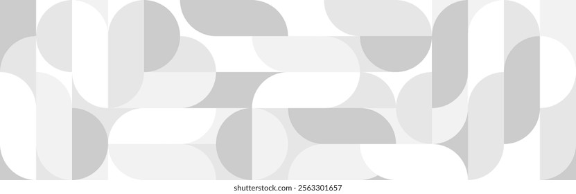 White trendy seamless background of circles and squares in modern Scandinavian style. Cover of gray geometric shapes in retro texture for wallpaper or packaging.