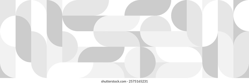 White trendy seamless background of circles and squares in modern Scandinavian style. Cover of gray geometric shapes in retro texture for wallpaper or packaging.