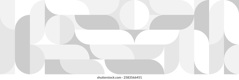 White trendy seamless background of circles and squares in modern Scandinavian style. Cover of gray geometric shapes in retro texture for wallpaper or packaging.
