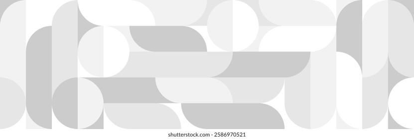 White trendy seamless background of circles and squares in modern Scandinavian style. Cover of gray geometric shapes in retro texture for wallpaper or packaging.