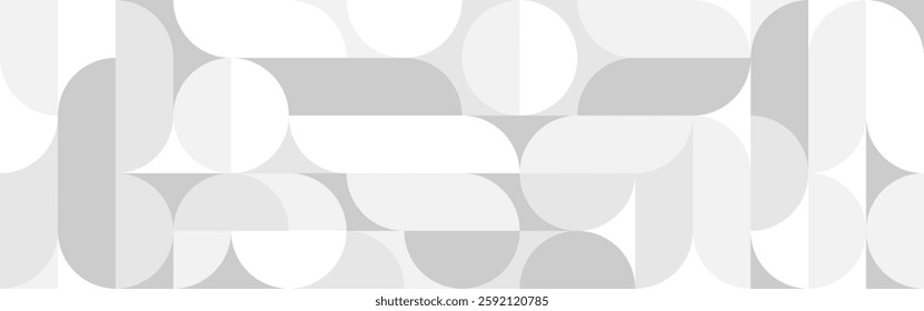 White trendy seamless background of circles and squares in modern Scandinavian style. Cover of gray geometric shapes in retro texture for wallpaper or packaging.