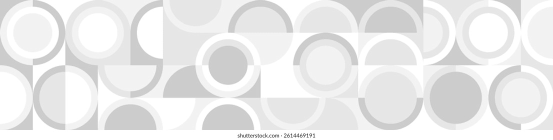 White trendy seamless background of circles and squares in modern Scandinavian style. Cover of gray geometric shapes in retro texture for wallpaper or packaging.