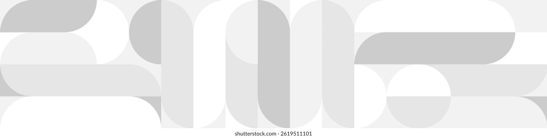 White trendy seamless background of circles and squares in modern Scandinavian style. Cover of gray geometric shapes in retro texture for wallpaper or packaging.