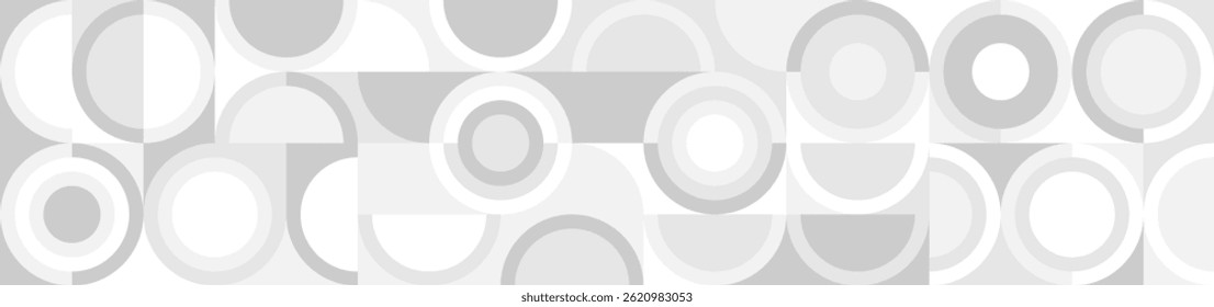 White trendy seamless background of circles and squares in modern Scandinavian style. Cover of gray geometric shapes in retro texture for wallpaper or packaging.