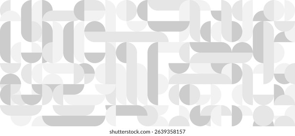 White trendy seamless background of circles and squares in modern Scandinavian style. Cover of gray geometric shapes in retro texture for wallpaper or packaging.