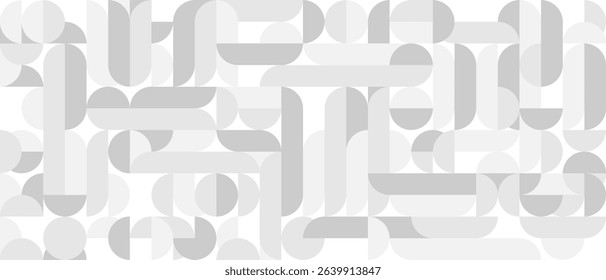 White trendy seamless background of circles and squares in modern Scandinavian style. Cover of gray geometric shapes in retro texture for wallpaper or packaging.