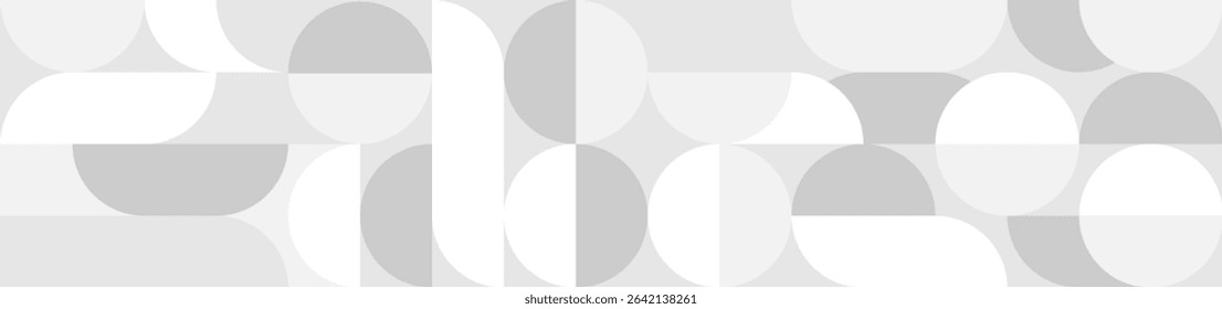 White trendy seamless background of circles and squares in modern Scandinavian style. Cover of gray geometric shapes in retro texture for wallpaper or packaging.
