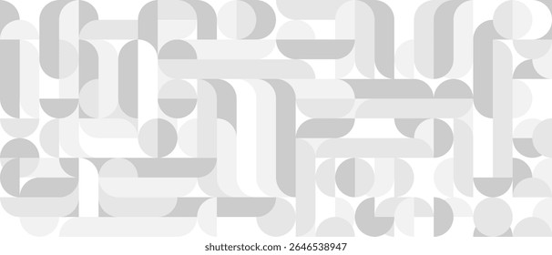 White trendy seamless background of circles and squares in modern Scandinavian style. Cover of gray geometric shapes in retro texture for wallpaper or packaging.