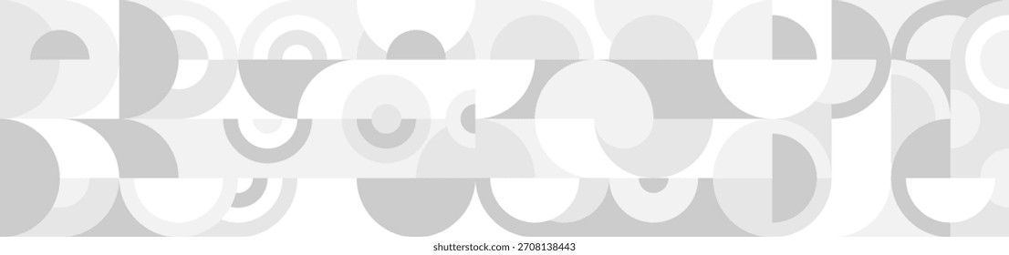 White trendy seamless background of circles and squares in modern Scandinavian style. Cover of gray geometric shapes in retro texture for wallpaper or packaging.