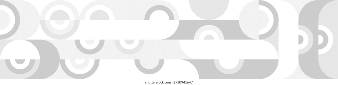 Branco moderno fundo sem costura de círculos e quadrados no estilo escandinavo moderno. Capa de formas geométricas cinzentas em textura retrô para papel de parede ou embalagem.