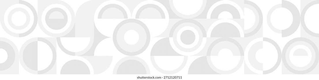 White trendy seamless background of circles and squares in modern Scandinavian style. Cover of gray geometric shapes in retro texture for wallpaper or packaging.