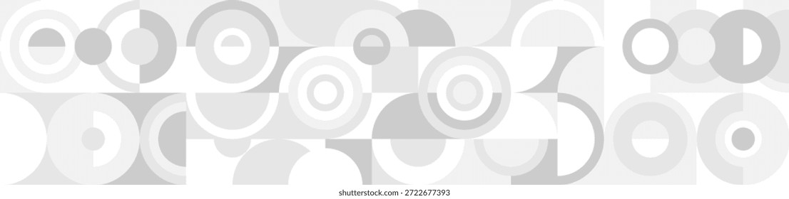 Weiße trendige nahtlose Hintergrund von Kreisen und Plätzen im modernen skandinavischen Stil. Abdeckung von grauen geometrischen Formen in Retro-Textur für Tapeten oder Verpackungen.